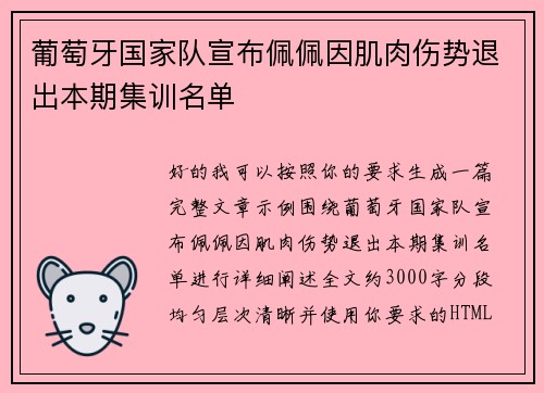 葡萄牙国家队宣布佩佩因肌肉伤势退出本期集训名单 葡萄牙国家队宣布佩佩因肌肉伤势退出本期集训名单