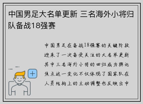 中国男足大名单更新 三名海外小将归队备战18强赛 中国男足大名单更新 三名海外小将归队备战18强赛