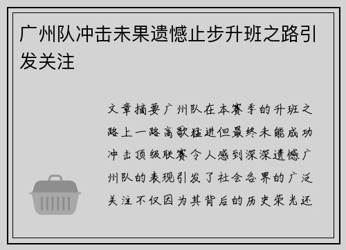 广州队冲击未果遗憾止步升班之路引发关注