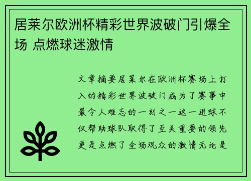 居莱尔欧洲杯精彩世界波破门引爆全场 点燃球迷激情